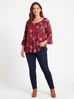 Faded Glory NWOT Boho Red Floral Elastic-Neck Ruffle 3/4 Sleeve No Stretch